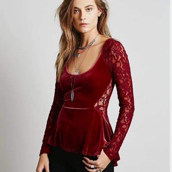 Free People Lolita Velvet Lace Peplum Top - Picture 2 of 8